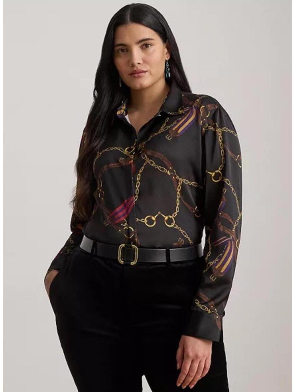 New Lauren Ralph Lauren Classic Fit Belting-Print Satin Shirt Size 2X